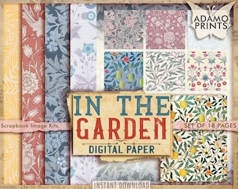 In the Garden Digital Paper, Plant, Flower, Fruit, Yellow, Purple, Blue, Junk Journal, Printable Background, Scrapbook Kit, Printable Paper