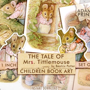 Puede incluir: Conjunto de cinco ilustraciones imprimibles con Mrs. Tittlemouse de El cuento de Mrs. Tittlemouse de Beatrix Potter. Las ilustraciones son de estilo vintage y presentan un ratón marrón con ropa rosa y blanca.