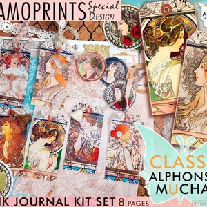 Alphonse Mucha Printable Tag Kits, Art Nouveau, Digital Paper, Embellishment, Collage Sheet, Junk Journal Kit, Printable Paper, Scrapbook image 1