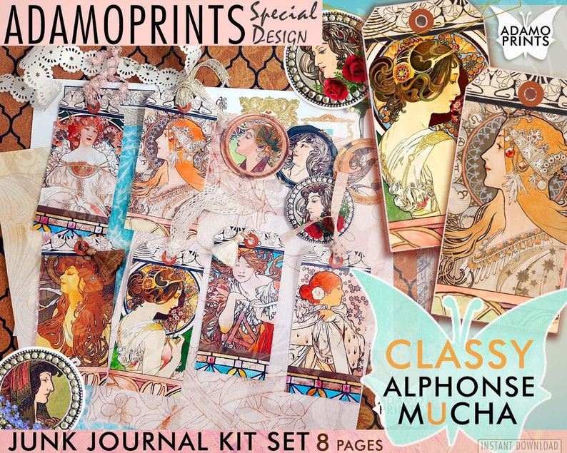 Alphonse Mucha Printable Tag Kits, Art Nouveau, Digital Paper, Embellishment, Collage Sheet, Junk Journal Kit, Printable Paper, Scrapbook image 1