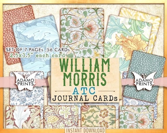 Könnte beinhalten: Set mit 7 Seiten bedruckbarer ATC-Journalkarten mit floralen Mustern von William Morris. Jede Karte misst 6,35 x 8,89 cm.
