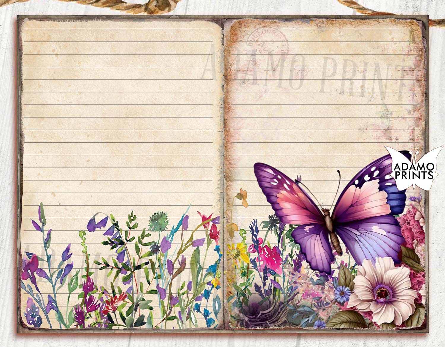 Purple Butterfly Junk Journal Pages Floral Journal Kit Garden Flower ...