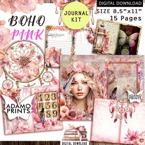 Magico Boho Pink Journal Kit, fogli di collage Boho per donne rosa carta floreale effimera stampabile carta foderata di fiori rosa Download digitale