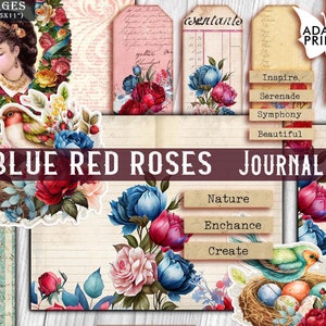 Kit de diario de rosas rojas azules, página de diario en blanco y forrada, hojas de collage, efímera de flores, kit de diario imprimible, vintage de flores de álbum de recortes