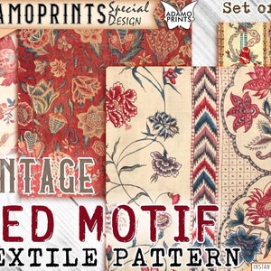 Vintage rood motief textielpatroon, shabby, journaling kit, papier voor dagboekkit, digitaal behang, digitaal papier, afdrukbare achtergrond