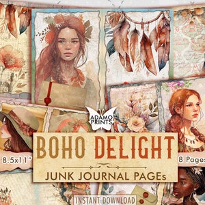 Boho Delight Junk Journal Pages, Women Boho Junk Journal Kit, Collage Sheets Paper, Ephemera Printable Paper, Bohemian Floral Journal Paper