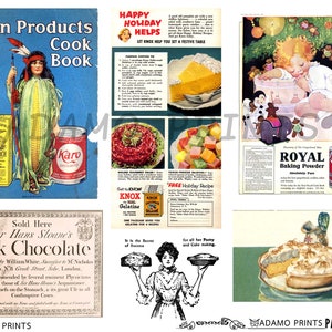 Op de afbeelding: Vintage advertenties met een kookboekcover met een inheemse Amerikaanse vrouw, een blik Karo-siroop en een doos ma&iuml;zena. Andere advertenties: recepten, een kind met speelgoed en een taart.