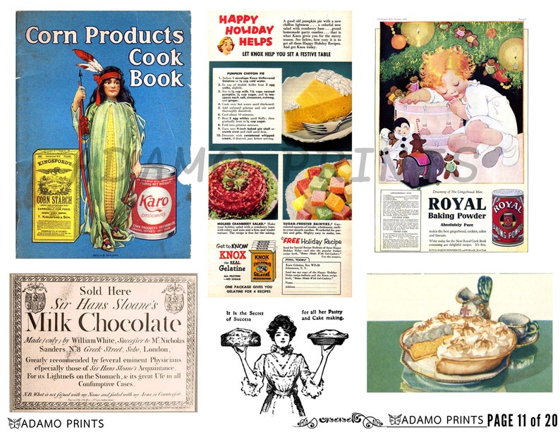 Op de afbeelding: Vintage advertenties met een kookboekcover met een inheemse Amerikaanse vrouw, een blik Karo-siroop en een doos ma&iuml;zena. Andere advertenties: recepten, een kind met speelgoed en een taart.