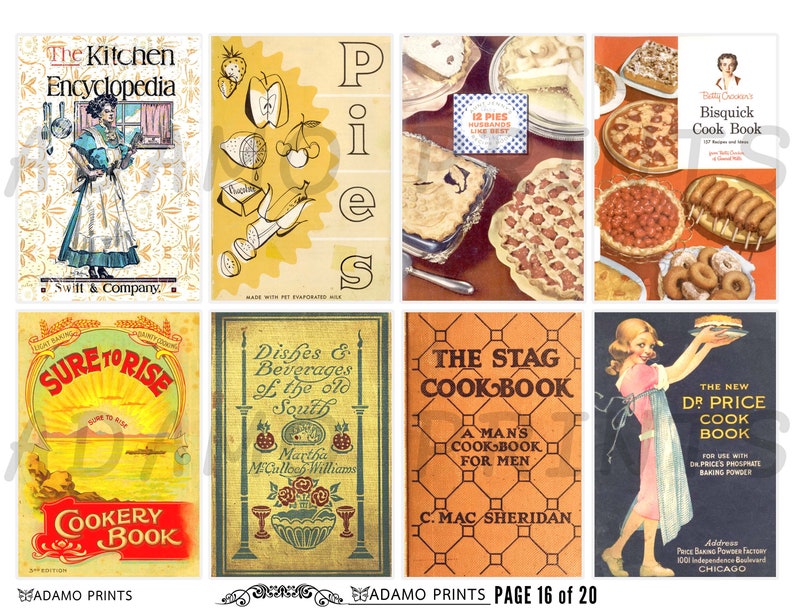Op de afbeelding: Een verzameling vintage kookboekcovers en advertenties. De covers bevatten illustraties van voedsel, waaronder taarten, cakes en andere bakwaren. Titels zijn onder meer "The Kitchen Encyclopedia" en "The Stag Cookbook."