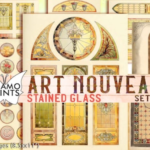 Set di vetrate Art Nouveau2, Digitale vittoriano, Abbellimento digitale, Vetro antico, Immagini digitali, Ephemera stampabile, Collage digitale
