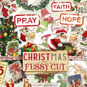 Christmas Fussy Cut, Junk Journal Kit, Grudzień, Bałwan, Święty Mikołaj, Album, Ozdoba, Etykieta, Życzenia świąteczne, Święta