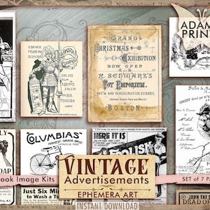 Anúncios antigos, coisas efêmeras, imagens vintage, colagem digital, anúncios antigos, surrados, imagem para impressão, publicidade antiga, kit de álbum de recortes