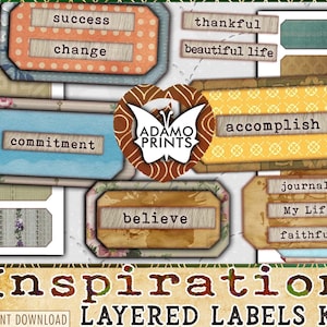Kit di etichette a strati di ispirazione, kit per diario spazzatura, documenti per collage, parole di diario, fogli di collage stampabili, collage effimeri, shabby chic