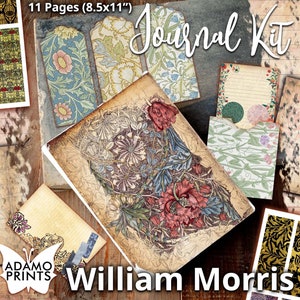 Kit de diario basura de William Morris, página de diario, etiqueta cargada, hojas de collage, flor, kit de diario imprimible, efímera de álbum de recortes, vintage