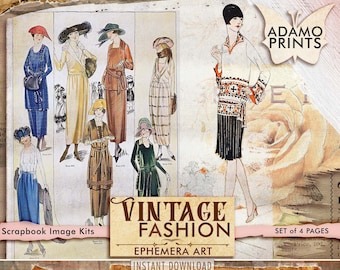 May include: A set of four vintage fashion illustrations featuring women in various styles of clothing from the 1920s. The illustrations are in black and white and have a vintage aesthetic. The illustrations are part of a scrapbook image kit.