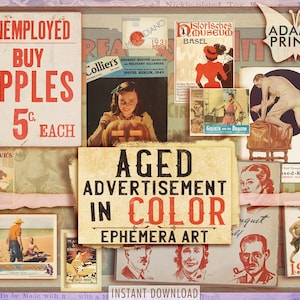 Gealterte Werbung in Farbe, Vintage Bilder, digitale Collage, alte Anzeigen, shabby, druckbares Bild, Karten, antike Werbung, Scrapbook Kit