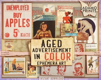 Gealterte Werbung in Farbe, Vintage Bilder, digitale Collage, alte Anzeigen, shabby, druckbares Bild, Karten, antike Werbung, Scrapbook Kit