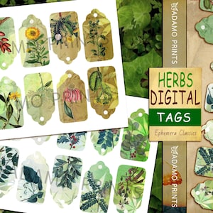 Herbs Digital Tags, Digital Ephemera, Collage Sheet, Printable Gift Tags, Ephemera Tags, Vintage Tags, Journal Kit, Shabby, Download