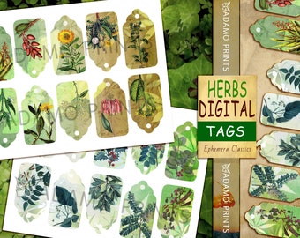 Herbs Digital Tags, Digital Ephemera, Collage Sheet, Printable Gift Tags, Ephemera Tags, Vintage Tags, Journal Kit, Shabby, Download