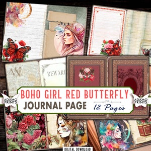 Kit de journal papillon rouge fille bohème, page de journal femme papillon fleur, feuilles de collage bohème, kit de journal éphémère, papier imprimable