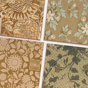 May include: Four digital paper designs featuring vintage floral patterns in shades of brown, green, and white. The patterns include a geometric design, a floral design with a large central flower, and two designs with smaller flowers.