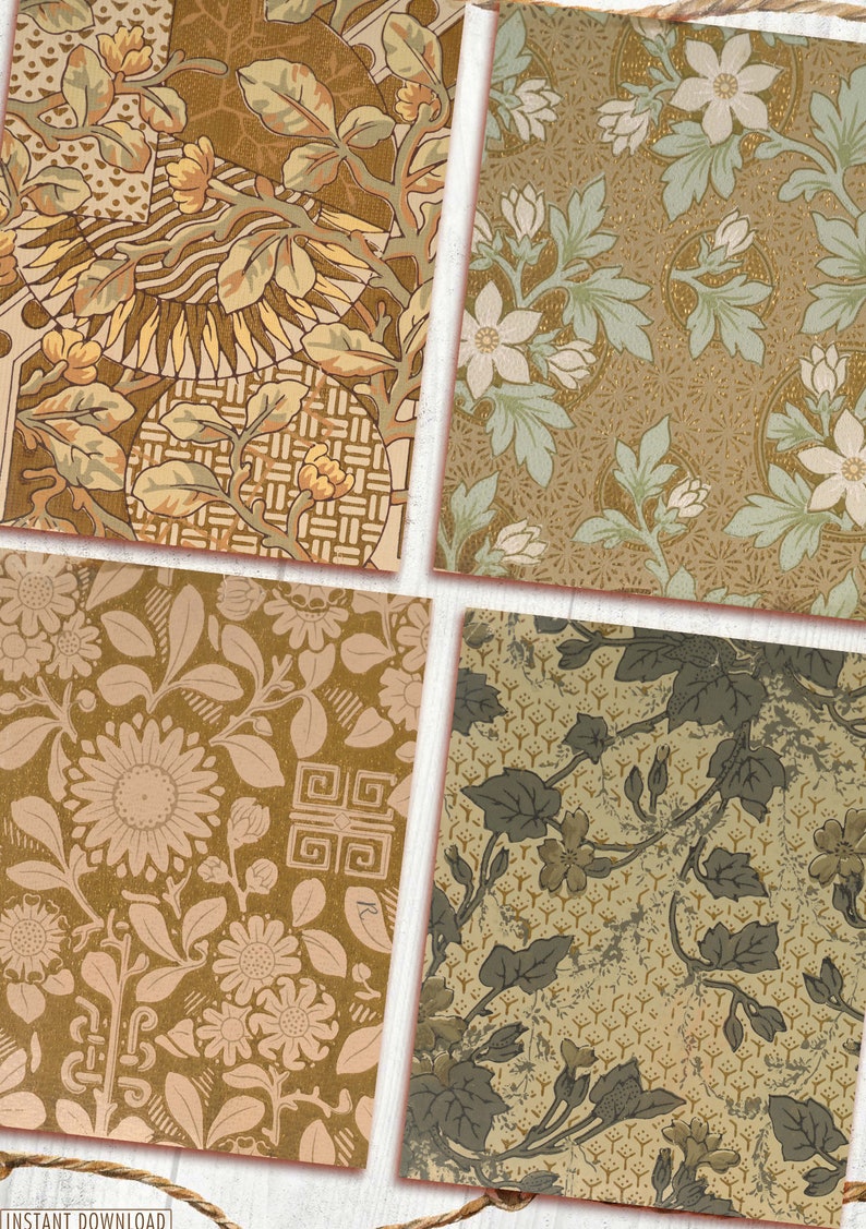 May include: Four digital paper designs featuring vintage floral patterns in shades of brown, green, and white. The patterns include a geometric design, a floral design with a large central flower, and two designs with smaller flowers.