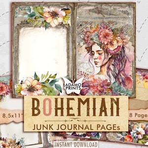 Bohemian Junk Journal Pages, Women Bohemian Junk Journal Kit, Collage Sheets Paper, Ephemera Printable Paper, Boho Floral Journal Paper