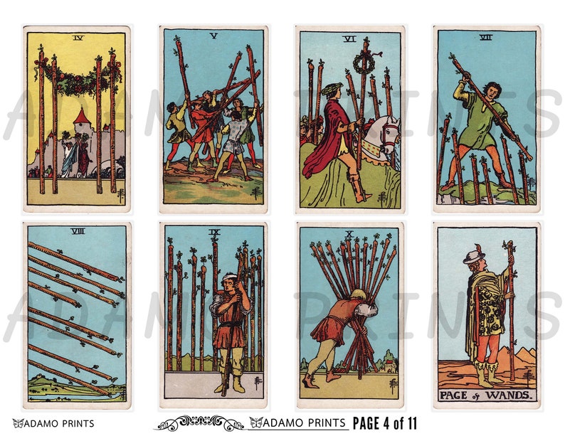 Pode incluir: Um conjunto de dez cartas de tarô que representam o naipe de varinhas. As cartas são numeradas de quatro a treze e apresentam ilustrações de pessoas segurando varinhas em várias poses. As cartas são de estilo vintage com um fundo azul claro.