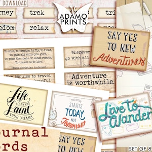 Reisdagboekwoorden, dagboekcitaten, junk journaling woord, zinnen, dagboekprompts, definitie, gemengde media, kunstephemera, afdrukbare offerte