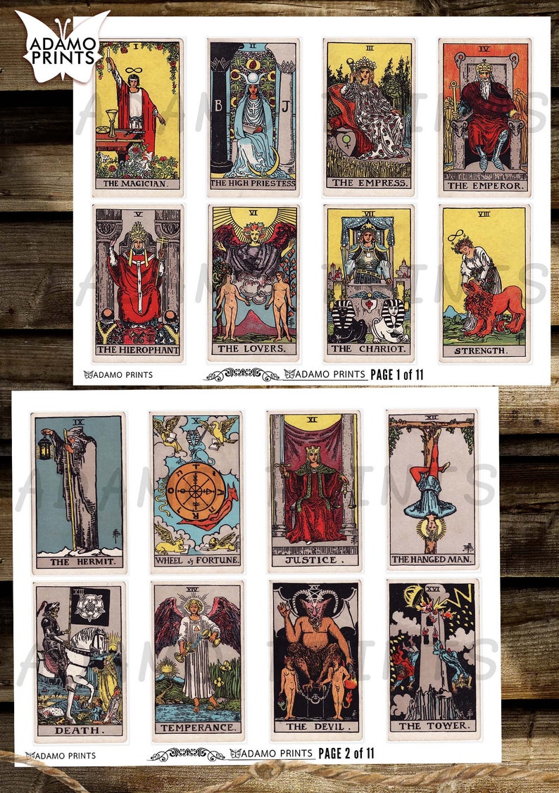 Pode incluir: Um conjunto de 22 cartas de tarô com ilustrações coloridas de vários personagens e símbolos. As cartas são impressas em papel branco com bordas pretas e estão dispostas em duas filas de 11 cartas.