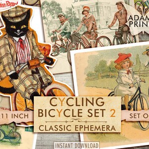 Zestaw Vintage Cycling Bicycle Set2, Obrazy cyfrowe, Klasyka Ephemera, Rower cyfrowy, Sztuka vintage, Ephemera cyfrowa, Ephemera artystyczna, ATC, Pobierz