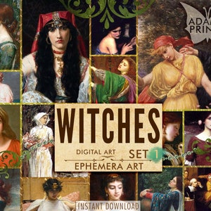 May include: A digital art collage of 10 images featuring women in various poses and settings. The images are arranged in a grid pattern and have a vintage aesthetic. The title "WITCHES DIGITAL ART SET 1 EPHEMERA ART INSTANT DOWNLOAD" is displayed at the bottom of the collage.