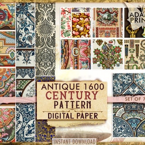Antique 1600 Century Pattern, Antique Wallpaper Digital, Ephemera Wallpaper, Paper Texture, Journal Kit, Printable Background, Scrapbook Kit