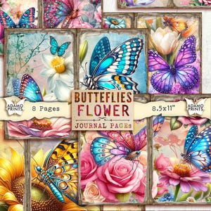 Pagina di diario con farfalle e fiori primaverili, kit di diario digitale con fiori primaverili, fogli di collage botanici, diario di ritagli stampabile con effimeri
