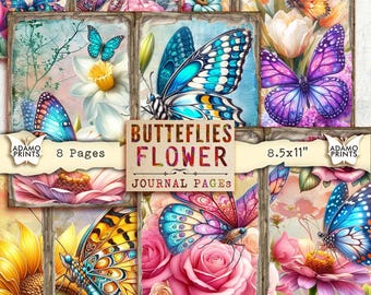 Pagina di diario con farfalle e fiori primaverili, kit di diario digitale con fiori primaverili, fogli di collage botanici, diario di ritagli stampabile con effimeri