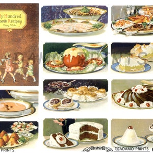 Op de afbeelding: Vintage kookboekcover met de titel "My Hundred Favorite Recipes" en illustraties van diverse gerechten. De afbeelding bevat een vrouw en kinderen die eten dragen, en diverse borden met eten.