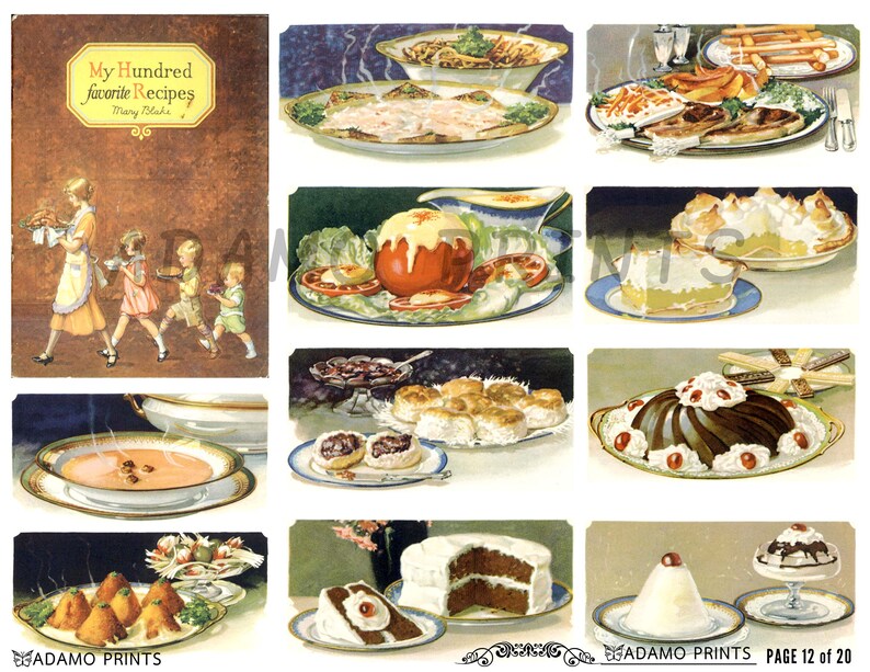 Op de afbeelding: Vintage kookboekcover met de titel "My Hundred Favorite Recipes" en illustraties van diverse gerechten. De afbeelding bevat een vrouw en kinderen die eten dragen, en diverse borden met eten.