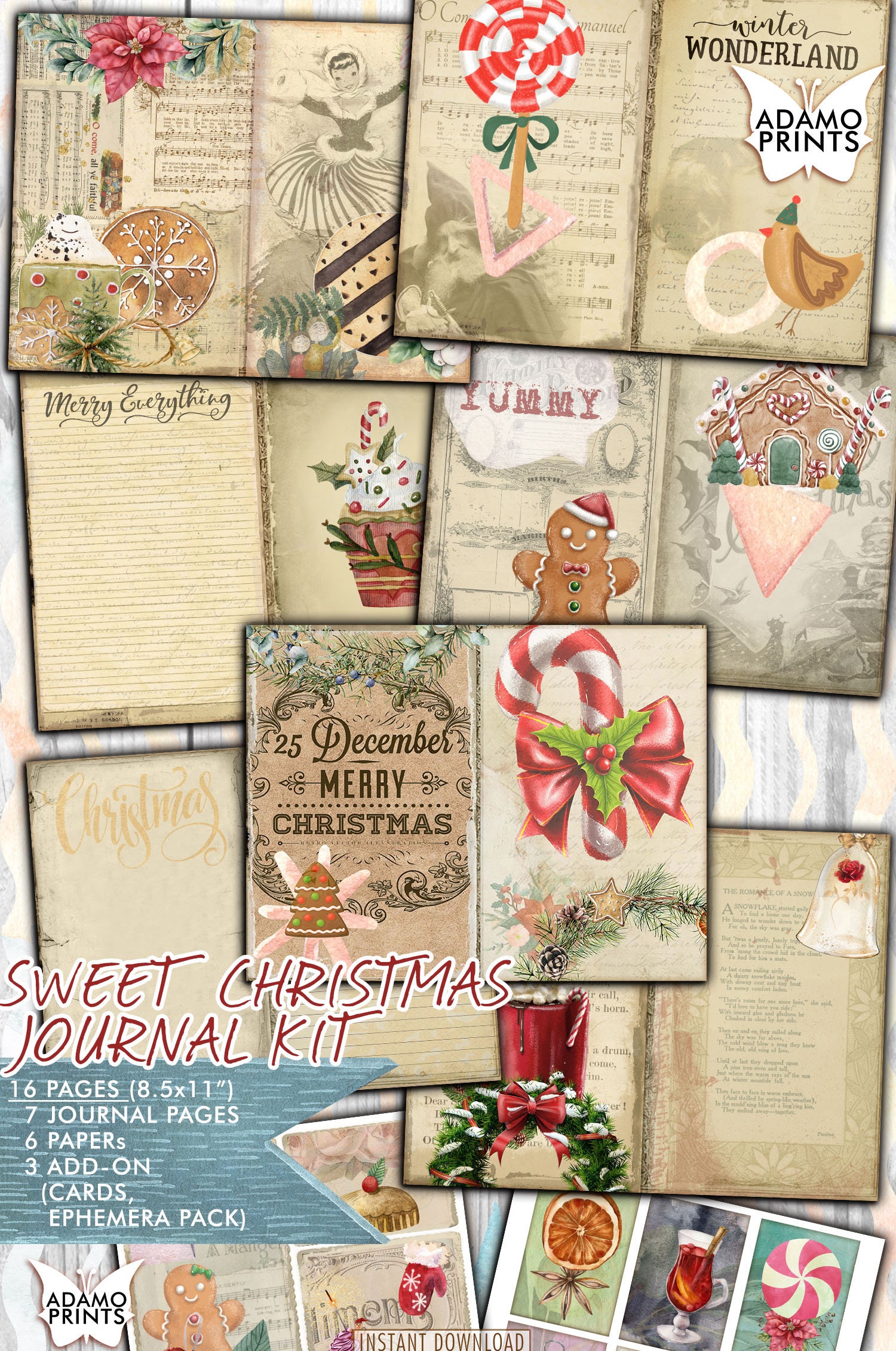 Printable Christmas Junk Journal Kit, Vintage Golden Christmas, Journal  Pages, Holiday Ephemera, Christmas Ephemera, Digital Paper, Digital 