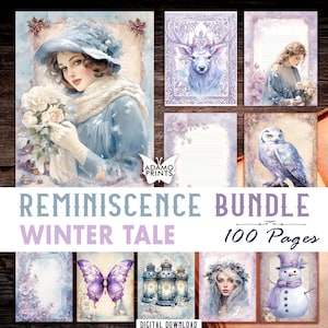 Reminiscence BUNDLE Winter Tale Junk Journal Paper, Vintage Printable, Shabby Chic Blue Purple, Scrapbook Digital Kit, Shabby Paper Download