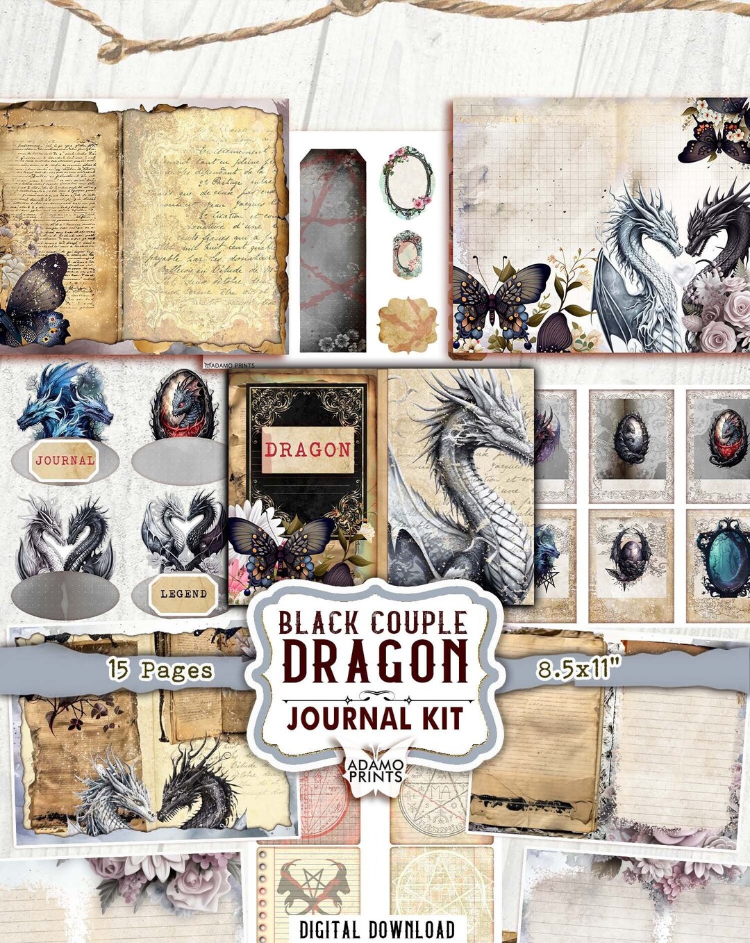 Black Couple Dragon Journal Kit, Blank & Lined Page, Magic, Collage ...