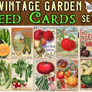 Conjunto de cartões de sementes de jardim vintage3, ATC, gasto, clássico efêmero, imagens digitais, efêmeras para impressão, colagem digital, álbum de recortes efêmeros