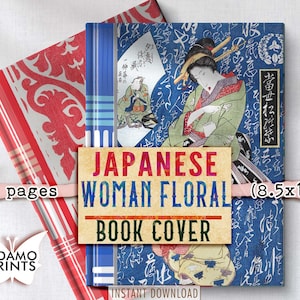 日本の女性の花柄ブックカバー、製本ジャーナル、ヴィンテージ、花、エフェメラクラシック、デジタル画像、デジタル装飾、ジャーナルキット