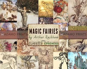Puede incluir: Un collage de ilustraciones vintage con hadas y criaturas mágicas. Las imágenes son de varios estilos y colores, con un enfoque en temas caprichosos y fantásticos. El título "MAGIC FAIRIES by Arthur Rackham CLASSICS EPHEMERA" se muestra en el centro del collage.