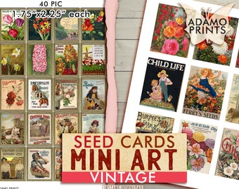 May include: A set of 40 vintage seed packet mini art prints, each measuring 1.75 inches by 2.25 inches. The prints feature colourful illustrations of flowers, plants, and children. The text on the prints includes "Seed Cards Mini Art Vintage" and "Instant Download".