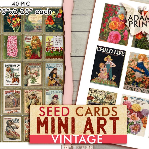 Mini Art - Vintage Seed Cards, Miniature Images, Journal Supplies, Ephemera, Scrapbook, Vintage, Plant, Garden, Digital Collage, Alter Art