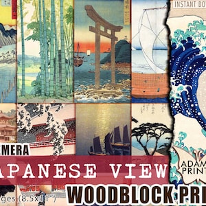 Impressão em xilogravura com vista japonesa, imagens digitais, coisas efêmeras clássicas, arte digital, Japão clássico, arte efêmera, colagem digital, Japão para impressão