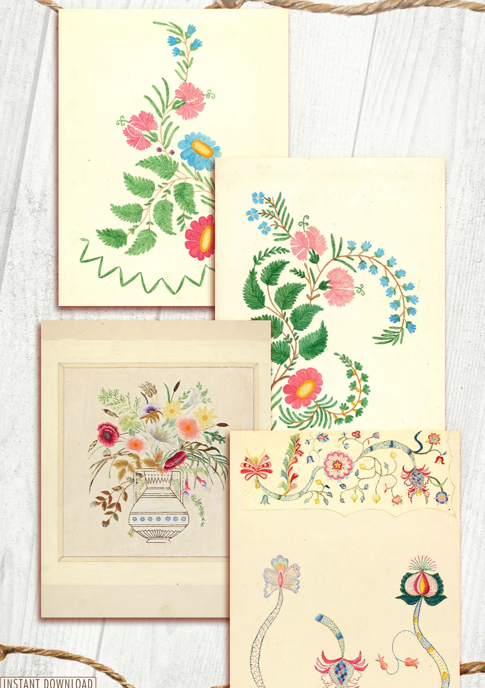 Vintage Flower Embroidery Pattern, Junk Journaling Kit, Paper for ...