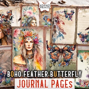 Boho Feather Butterfly Junk Journal Pages, Bohemian Journal Kit, Women Boho Journal, Bohemian Collage Sheets, Butterfly Boho Background