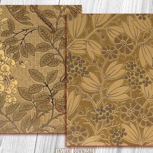 May include: Two digital paper patterns featuring intricate floral designs. The first pattern is a light brown background with a repeating pattern of yellow flowers and brown leaves. The second pattern is a light brown background with a repeating pattern of brown flowers and leaves.