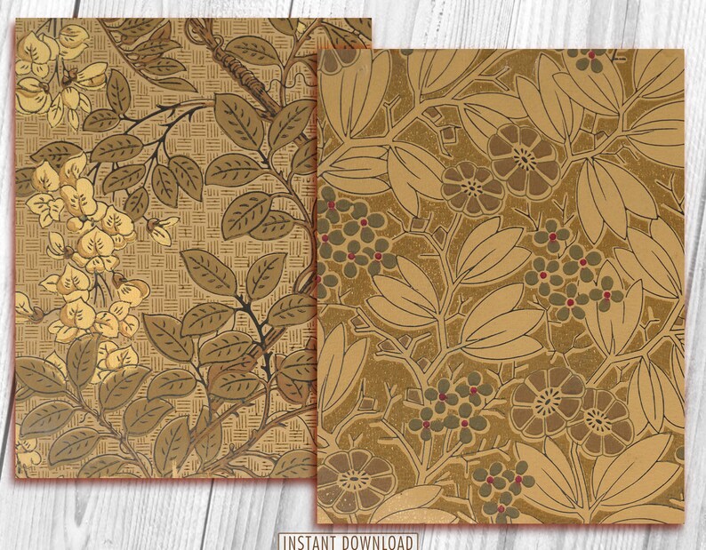 May include: Two digital paper patterns featuring intricate floral designs. The first pattern is a light brown background with a repeating pattern of yellow flowers and brown leaves. The second pattern is a light brown background with a repeating pattern of brown flowers and leaves.